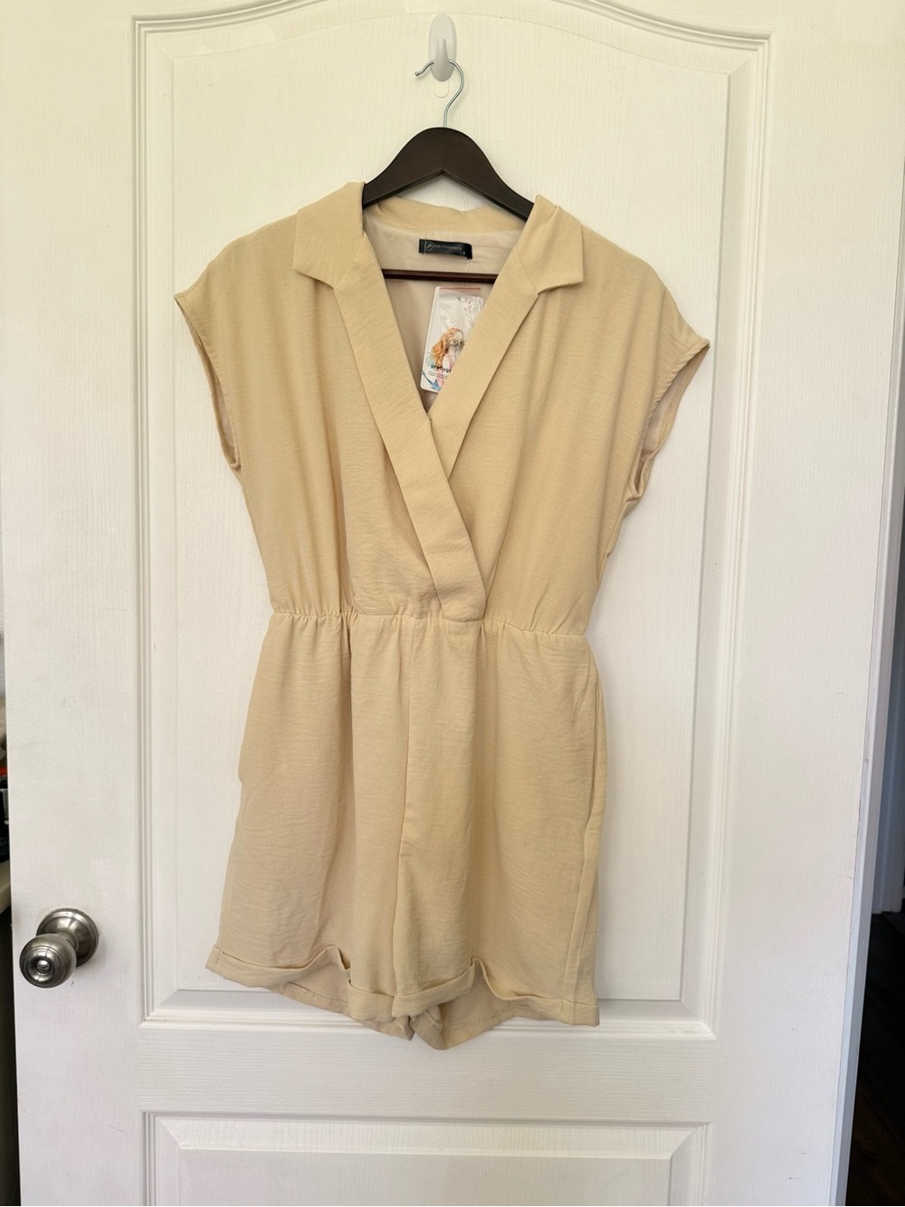 Beige Short Sleeve Romper with sleeves